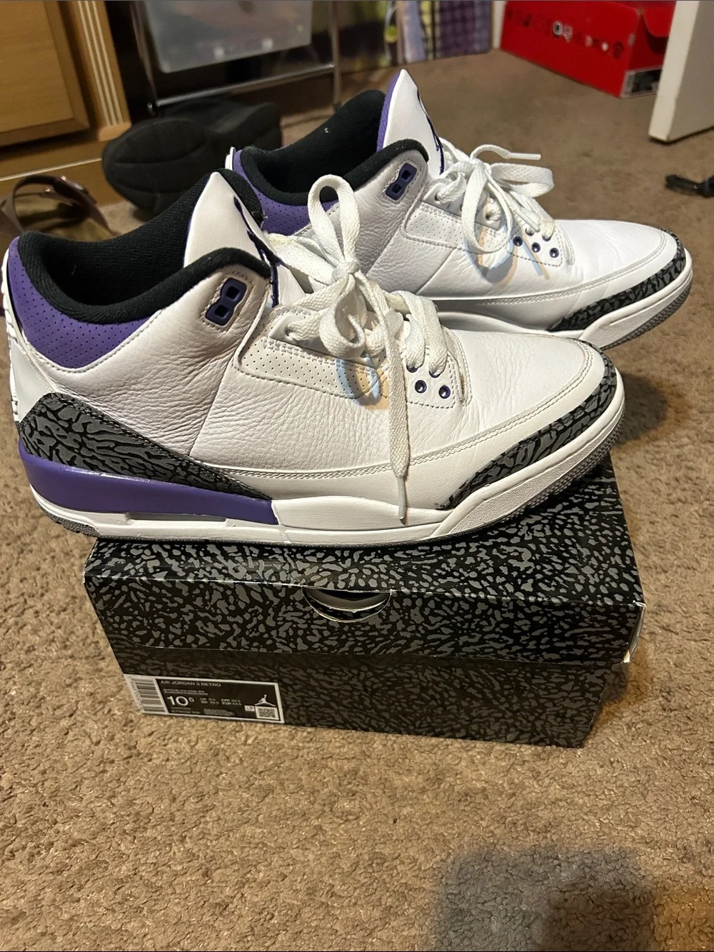 Jordan 3’s White and Purple Leather Basketball Sneakers